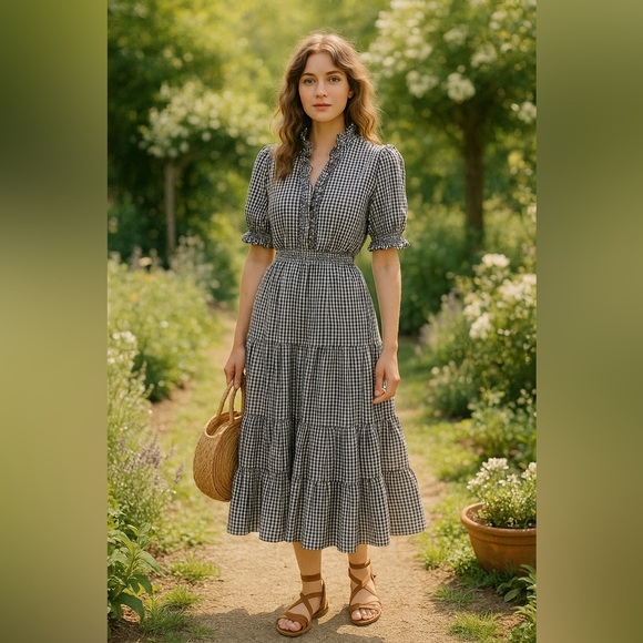 Max Studio Gingham Puff Sleeve Midi Dress | Cottagecore Prairie - Picture 2 of 12